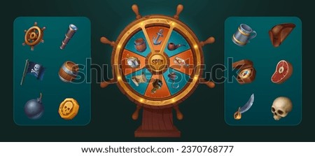 Pirate game spin wheel with slot ui fortune icon set. Isolated bottle with treasure map, skull coin, parchment and flag collection for gui roulette interface. Lucky lottery to play and win bonus