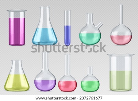 Chemistry laboratory flask with liquid for test. Lab beaker equipment 3d realistic glassware set. Chemical science experimental volumetric tool. Pharmaceutical transparent jar with color fluid