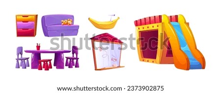 Children playroom design elements set isolated on white background. Vector cartoon illustration of wooden house with slide, table and chairs for kids, colorful drawer, nursery school play and fun area
