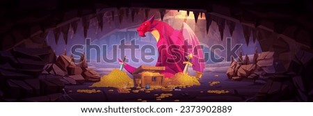 Dragon defense and guard treasure in cave. Cartoon landscape of dungeon with fantastic animal near coins and jewelry. Fairytale fantasy creature with wings defend pile of gold and diamonds underground