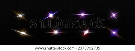 Twinkles and flares with glowing effect on black background. Realistic vector set of luminous star flash or bright camera lens glare and reflex. Starburst sparkle with radiance gleam and beam.