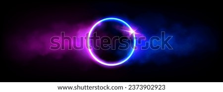 Neon luminous ring frame with cloud or smoke and twinkle. Realistic vector of led light circle with glowing pink and blue fog effect on dark background. Magic or futuristic game portal with haze.