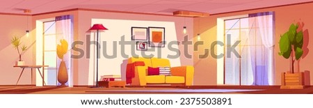 Living room interior with furniture and sun beam through large window. Cartoon vector illustration of light and sunny hall inside with pillows on sofa, lamp and side table, green plants in pots.