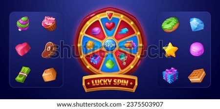 Lucky spin game design elements isolated on blue background. Vector cartoon illustration of lottery wheel with prize icons, money, gemstone, meat, sweet cake, gift box, casino roulette, gambling app