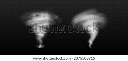 Hurricane whirlwinds set isolated on transparent background. Vector realistic illustration of tornado vortex, stormy weather with strong wind, dust swirl, funnel cloud of smoke, weather cyclone