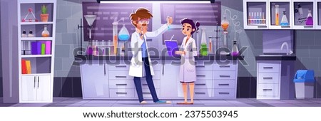 Man and woman scientist in research laboratory cartoon background. Science lab interior with chemistry equipment and biologist discovery innovation engineering. Technician indoor near glassware