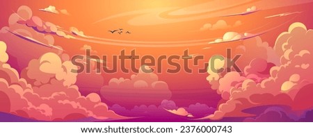 Sunset anime cloud vector cartoon scene background. Summer cloudy weather air design. Beautiful pink, orange and purple evening panorama wallpaper. Fluffy romantic horizon graphic illustration