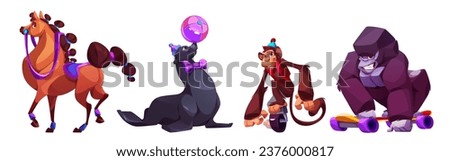 Circus animals during performance. Cartoon vector happy smiling characters of horse with drcorated tail and mane, harbor seal holds ball on its nose, monkey balances on unicycle, gorilla skateboarding