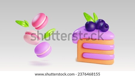 Sweet baked dessert 3d - triangular piece of layered cake with purple cream decorated with blueberry and mint leaves and flying macaroon biscuits. Realistic vector pastel colored bakery food.