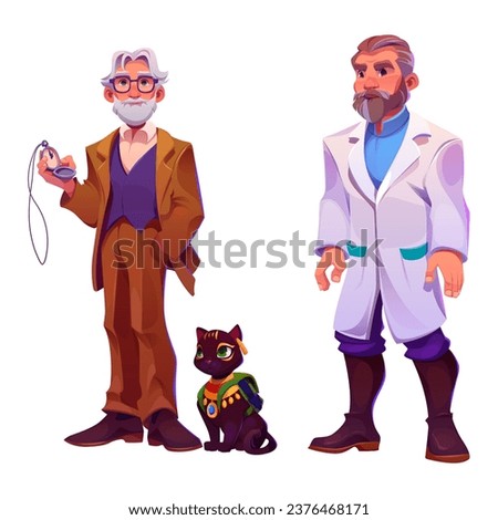 Senior professor, male scientist in white coat, egyptian black cat isolated on white background. Vector cartoon illustration of male characters for game design, animal with golden necklace, backpack