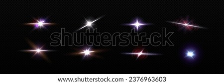 Light flare star with glow and shine effect vector. Bright camera twinkle with sparkle and glitter. Transparent realistic flicker graphic. Disco flashlight glimmer with red, purple and yellow color