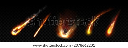 Comet or meteor trail and magic fire effect vector. Asteroid fireball shooting isolated shower sparkle motion. Shiny meteoroid glow movement cosmic blast. Neon gold fantasy game spell explosion