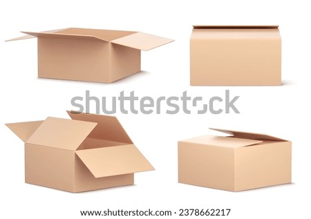 3d open empty delivery cardboard box vector icon. Isolated brown parcel package for shop or warehouse. Realistic render of paper product container set. Close and tape logistic recycle storage mockup