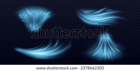 Cold air wind flow, cool fresh wave vector effect. Clean isolated conditioner smoke stream. Abstract breeze blow trail png. Blue ice speed mist with dust texture. Frost purification curve graphic