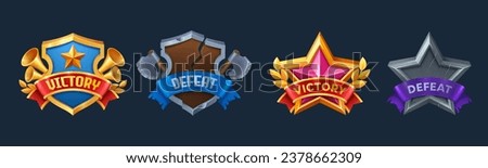 Victory and defeat game user interface badges. Cartoon vector set of win and lose labels with ribbons in form of shield and star. Success and fail in passing level or completing task result panel.