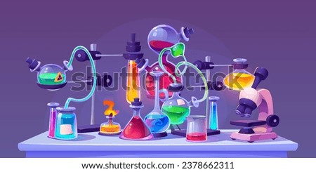 Laboratory equipment during chemical or medical science experiment. Glass beakers and flasks with colorful liquids , pipes and microscope on table. Lab room research glassware and materials.