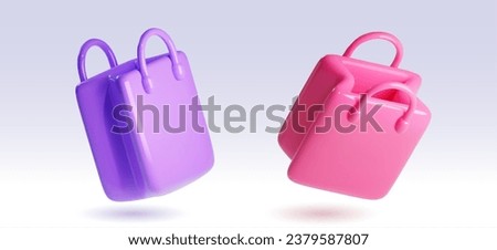 3D shopping bags set isolated on background. Vector realistic illustration of purple and pink glossy plastic packages for purchase or gift, discount or sale icon for store website design, fashion shop