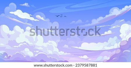 Anime style sky background with clouds. Vector cartoon illustration of beautiful heavenly cloudscape in pink, light blue gradient colors, birds flying high, cloudy summer day, sunrise or sunset design