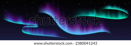 Northern lights with neon glowing effect on dark transparent background. Colorful bright luminous streaks of aurora borealis on polar night starry sky. Realistic vector set of arctic visual phenomenon