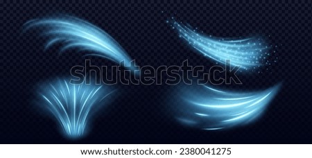 Blue wind air flow light effect, cold fresh wave vector. Clean magic neon breeze motion with glow. 3d conditioner speed energy power line with dust. Transparent ice blow stream and vacuum vortex trail