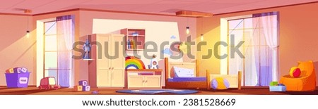Kid bedroom interior cartoon vector background. Boy child room furniture at home. Girl playroom with bed in house apartment. Preschool nursery indoor design with carpet, window, toy box and drawer