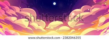 Cartoon skyscape during sunset or sunrise with fluffy anime style clouds. Vector air panoramic background of deep purple and yellow gradient colored cloudy heaven with moon and curve shaped haze.