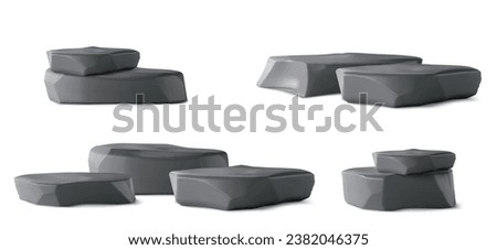 Black smooth stones as product display podium. 3D render vector illustration set of various compositions of flat floor pedestal with dark glossy rock texture. Mockup of gray cosmetic production stand.