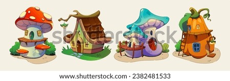Gnome houses set isolated on white background. Vector cartoon illustration of fly agaric, mushroom, pumpkin huts with wooden doors, windows, ladders, lamps and roofs, fairytale game design elements