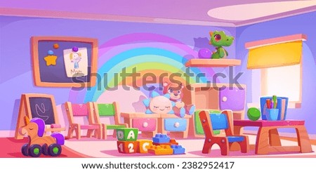 Kindergarten playroom with toys. Vector cartoon illustration of large room with window, rainbow color wall, blackboard for drawing, book and pencils on wooden table, chairs for kids, nursery play area