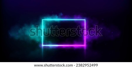 Neon rectangle door light game frame with smoke. Magic square futuristic border with led sparkle for music club party design. 3d abstract laser smokey room in purple and blue with cosmic shape