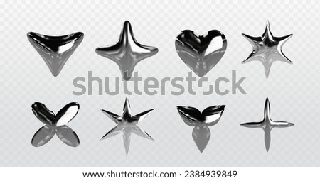 Chrome y2k abstract shapes. 3d realistic vector illustration set of silver inflatable forms of heart, star and liquid metal. Graphic design elements made of steel or platinum with reflections.