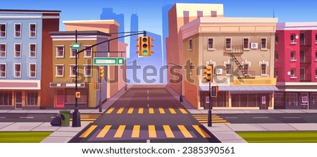 Cartoon city street intersection with traffic lights and road signs, cross and sidewalks, multistorey buildings with shop and cafe. Vector illustration of empty urban landscape with highway corner.