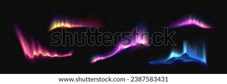 Aurora borealis set isolated on transparent background. Vector realistic illustration of polar light effects with purple, pink, yellow, blue color gradient glowing in dark sky, north pole nature