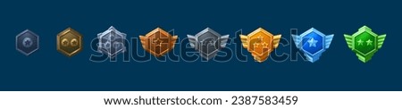 Medal and badge with star and wings for game ui level rank design. Cartoon vector illustration set of various colorful hexagon gui award labels and trophy for achievement. Medieval reward emblem.