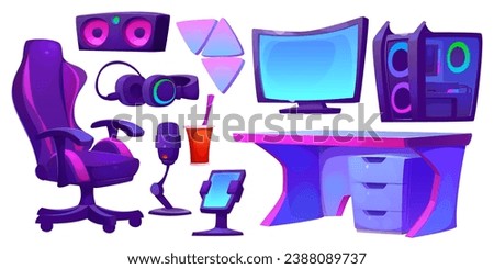 Game streamer room design elements isolated on white background. Vector cartoon illustration of desktop computer, earphones, system unit, microphone, smartphone, armchair and drawer desk, wall lights