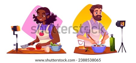 Food bloggers cooking healthy food on camera isolated on white background. Vector cartoon illustration of amateur cook man and woman streaming kitchen video online, ingredients on table, vlog content