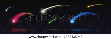 Trace of shooting star in form of arch. Realistic vector illustration of various colors falling meteor with arc glowing trail with sparkles. Flying space object or magic wand light trail with glitter.