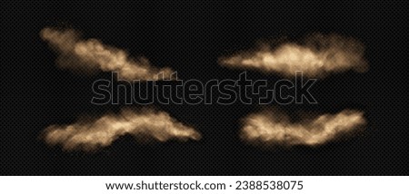 Sand clouds with dust and smoke. Realistic vector illustration set of desert storm - flying dirt plumes with mud particles under influence of strong wind. Brown dune sandstorm powder clusters.