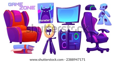 Teen gamer room design elements isolated on white background. Vector cartoon illustration of desktop computer, mouse, round led lamp for streaming, system unit, armchair, books, toy robot, wall poster