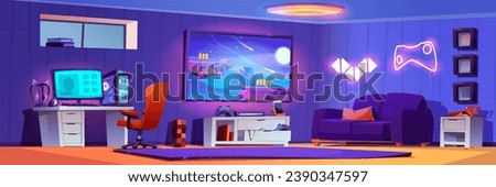 Gamer room interior design. Vector cartoon illustration of desktop computer, earphones and system unit, space game on tv screen, armchair couch, drawer and shelf, neon led lights decoration on wall