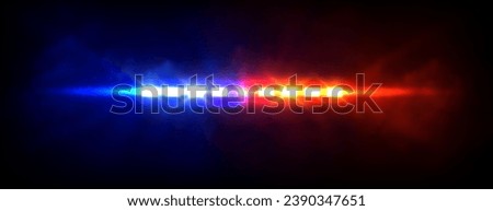 Emergency or police car siren flashing lights with overlay effect. Realistic vector illustration of red and blue cop or ambulance vehicle flare with beams surrounded by fog on dark night background.