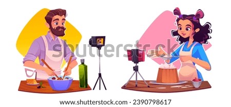 Cartoon food video blog vector illustration. Young woman and man cooking and streaming or recording process. People demonstrate tutorial of making dough, preparing pastry and pasta in front of camera