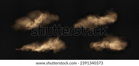 Dust clouds set isolated on transparent background. Vector realistic illustration of desert sand storm effect, brown dirt particles flying in wind, mud explosion, dirty powder spray, air pollution