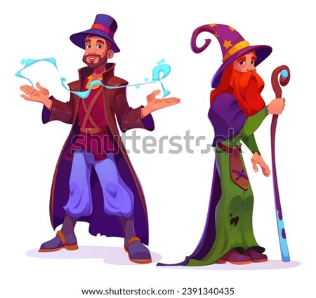 Mystical sorcerer with witchcraft powers - cartoon vector set of two male magician characters. Old man with red beard in long robe with purple hat and staff, and warlock with mystery light in hands.