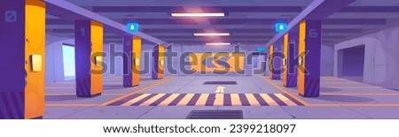 Underground parking in shopping mall. Vector cartoon illustration of basement garage in house, places for autos marked with numbers, crossing sign on ground, exit arrows showing direction, shelter