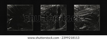 Plastic transparent film for packaging - whole with wrinkles and folds and torn square vinyl wrap with overlay effect. Realistic vector illustration set of cellophane or polythene seal wrapper mockup.