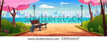 Spring day on city promenade. Vector cartoon illustration of urban park alley with bench, lanterns and pink cherry blossom trees, modern buildings on opposite river bank, birds flying in blue sky