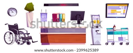 Hospital lobby design elements set isolated on white background. Vector cartoon illustration of wheelchair, computer on reception desk, electronic queue equipment, tv screen, folders with documents