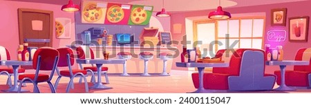 Pizzeria interior with furniture and equipment - tables and chairs, stack of cardboard boxes for delivery on bar counter and stool, food and drinks. Cartoon vector set of pizza restaurant room.