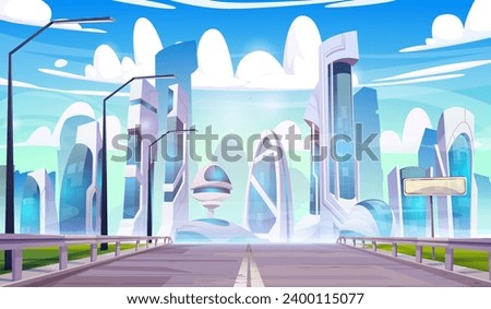 Road leads to futuristic city with unusual fantastic multistorey buildings. Cartoon vector landscape of future cyber high technology downtown with empty highway and streetlights, blue sky with clouds.